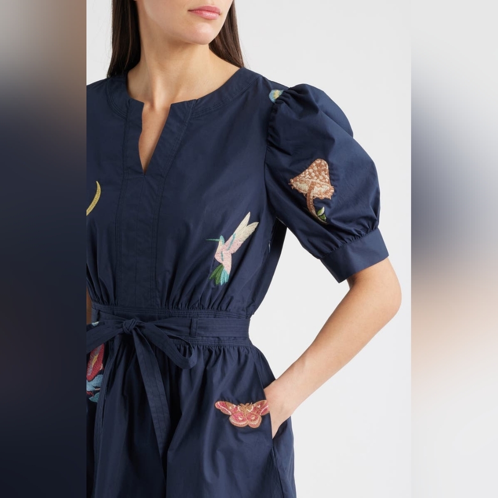 NWT CIEBON Barona Nature Embroidered Fit & Flare Cotton Dress Navy Blue Size XL - Picture 2 of 16
